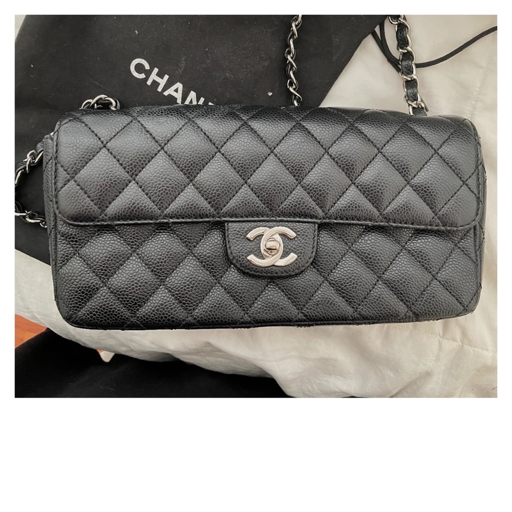 CHANEL Authentic East West single flap quilted, silver tone chain. Caviar.